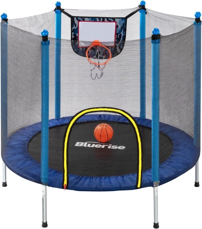 BLUERISE Trampoline 55IN 6FT Toddler Trampoline for Kids Indoor Outdoor Play for Kids Trampoline Basketball Hoop Attachment with Enclosure Net Easy to Assemble Outdoor Indoor Trampoline