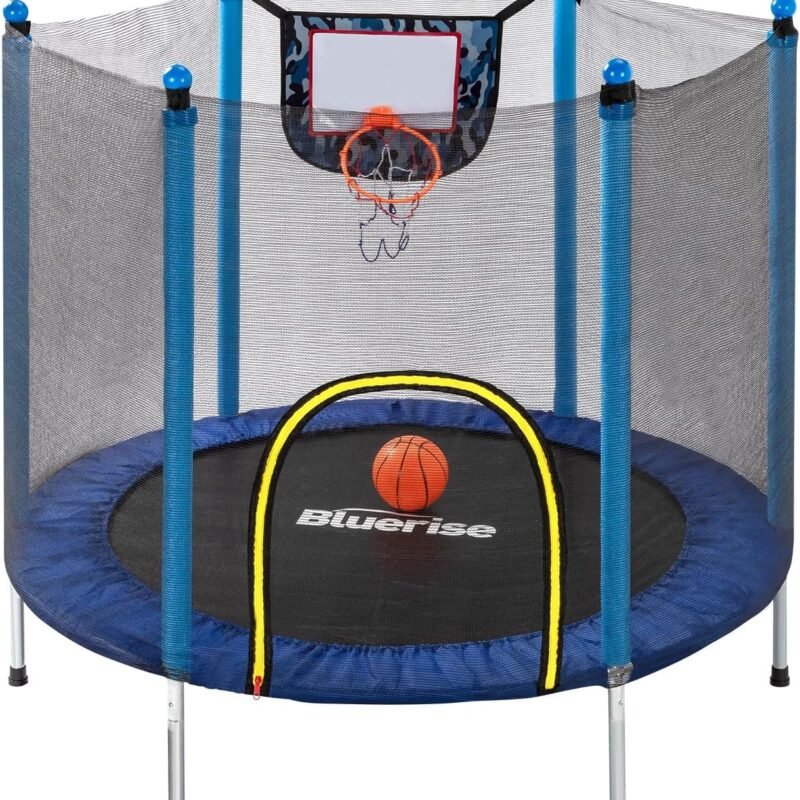 BLUERISE Trampoline 55IN 6FT Toddler Trampoline for Kids Indoor Outdoor Play for Kids Trampoline Basketball Hoop Attachment with Enclosure Net Easy to Assemble Outdoor Indoor Trampoline