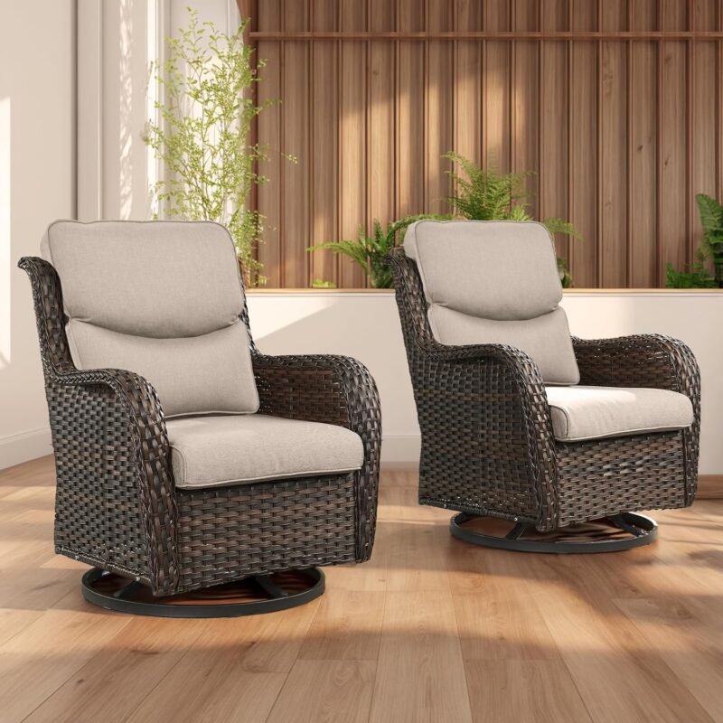 Wicker Rocking Chair Swivel Chairs - 2 Piece Rocker Patio Chairs Set Rattan Rocking Chair for Outdoor Porch Deck Garden Backyard (Brown/Beige/Smile)