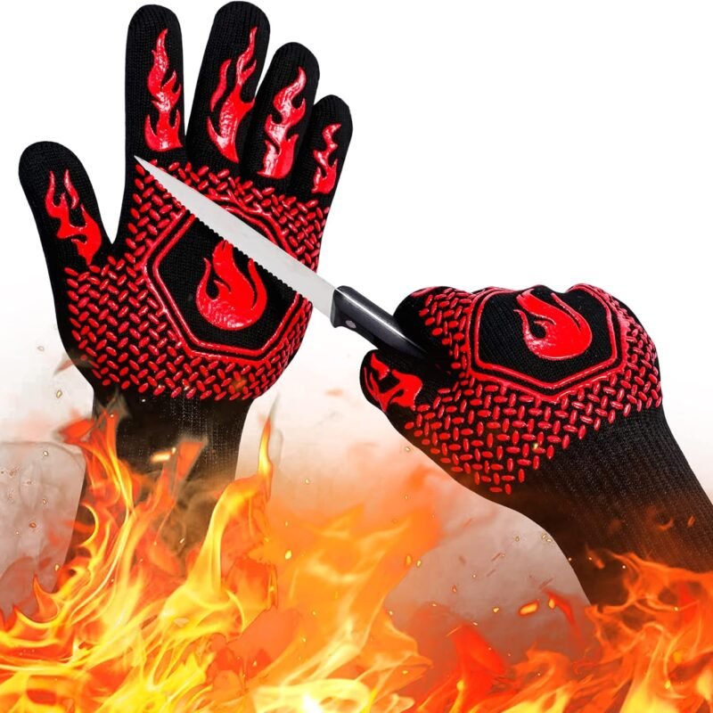 BBQ Fireproof Gloves, Grill Cut-Resistant Gloves 1472°F Heat Resistant Gloves, Non-Slip Silicone Oven Gloves, Kitchen Safe Cooking Gloves for Oven Mitts,Barbecue,Cooking, Frying,13.5 Inch-Red