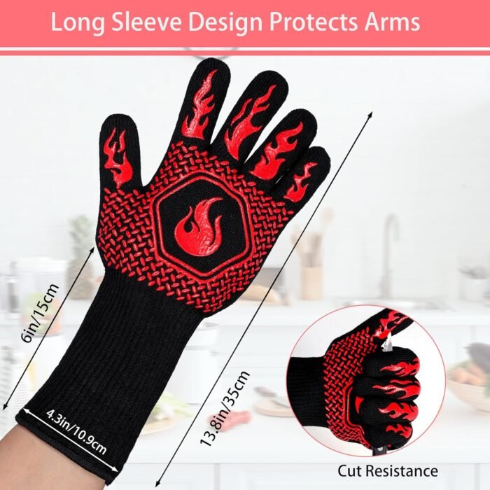 BBQ Fireproof Gloves, Grill Cut-Resistant Gloves 1472°F Heat Resistant Gloves, Non-Slip Silicone Oven Gloves, Kitchen Safe Cooking Gloves for Oven Mitts,Barbecue,Cooking, Frying,13.5 Inch-Red - Image 2