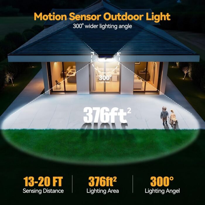TECKNET 4200Lm 416 LED Solar Motion Lights Outdoor Waterproof, 300° Angle & 3 Lighting Modes Motion Sensor Light Outdoor, 2 Pack Security Solar Lights IP66 for Fence Front Door Yard Deck Garden Garage - Image 6
