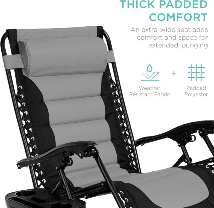 Best Choice Products Oversized Padded Zero Gravity Chair, Folding Outdoor Patio Recliner, XL Anti Gravity Lounger for Backyard w/Headrest, Cup Holder, Side Tray, Polyester Mesh - Black/Gray - Image 4