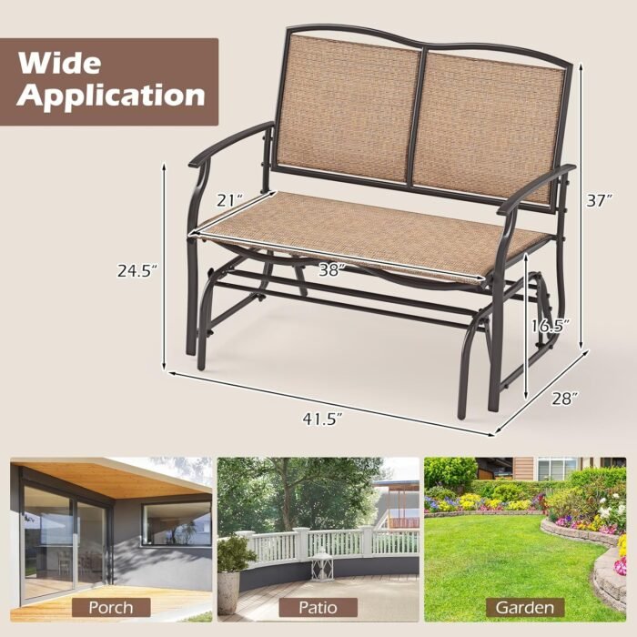 Giantex Patio Glider, 2-Person Outdoor Rocking Chair with Metal Frame and Breathable Fabric, Load 400 Lbs, Heavy-Duty Swing Bench, Loveseat, Outside Rocker for Porch, Garden and Backyard (Brown) - Image 3