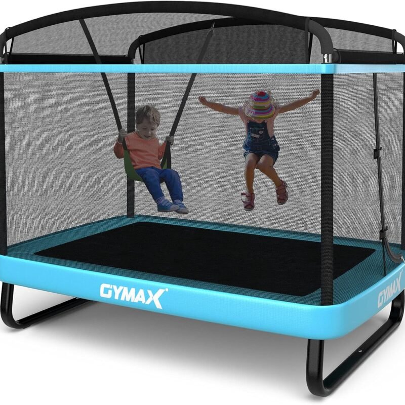 GYMAX Trampoline for Kids, 6FT Toddler Trampoline with Swing & Enclosure Safety Net, ASTM Approved Rectangle Recreational Trampoline for Indoor/Outdoor, Birthday for Baby Boys & Girls