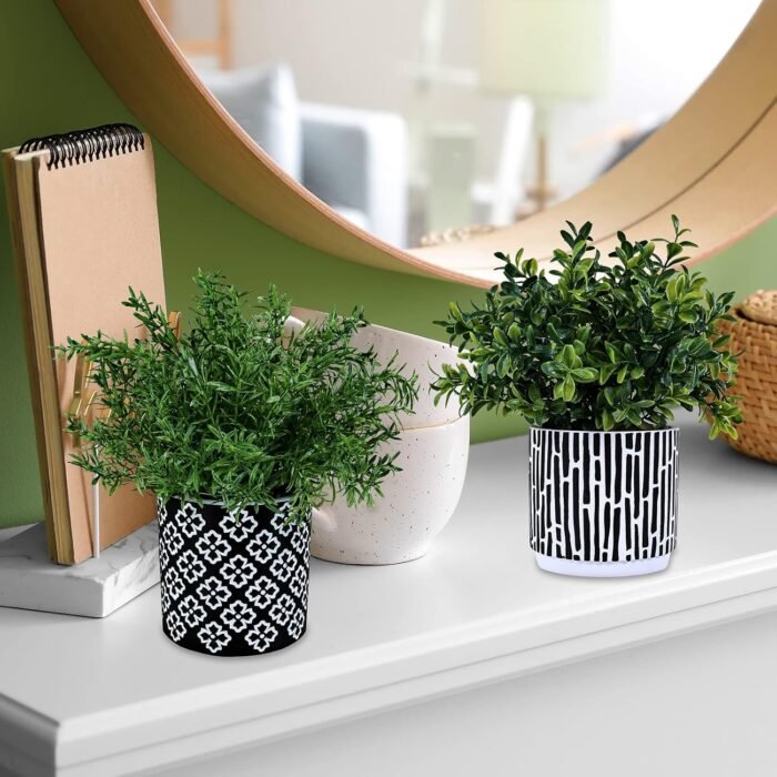 Winlyn 3-Pack Artificial Potted Plants - Faux Eucalyptus, Rosemary, Boxwood Greenery in Small Black & White Geometric Concrete Pots -Desk, Table, Shelf, Windowsill Decor for Indoor Outdoor Home Office - Image 7