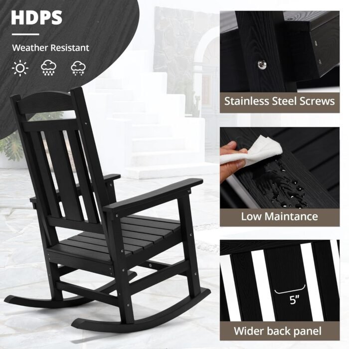 LUE BONA Outdoor Rocking Chairs Set of 2, Weather Resistant Poly Plastic Rocker, 350lb Heavy Duty, Oversized Porch Rocker for Adult, High Back Smooth for Outdoor & Indoor, Black - Image 4