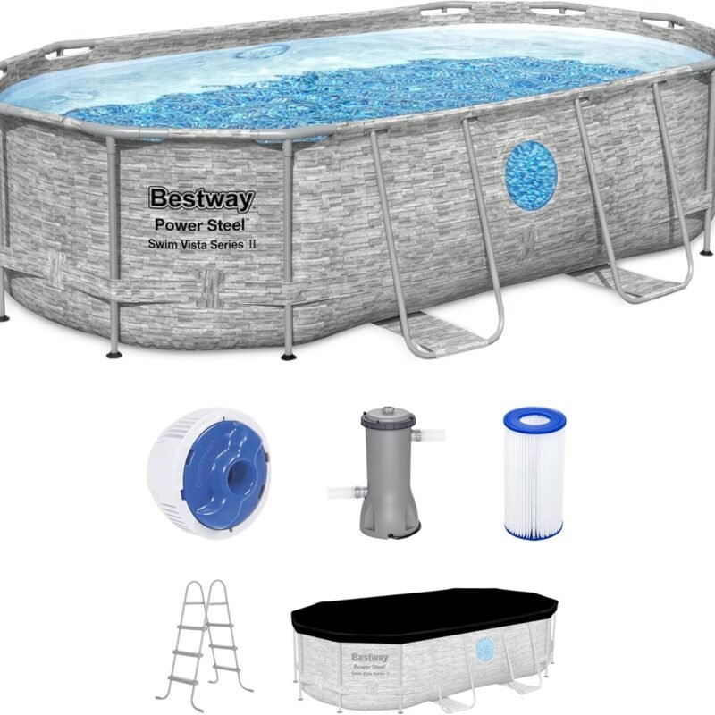 Bestway Power Steel Swim Vista Series II 14' x 8' 2" x 39.5" Above Ground Outdoor Swimming Pool Set with 530 GPH Filter Pump, Ladder, and Pool Cover