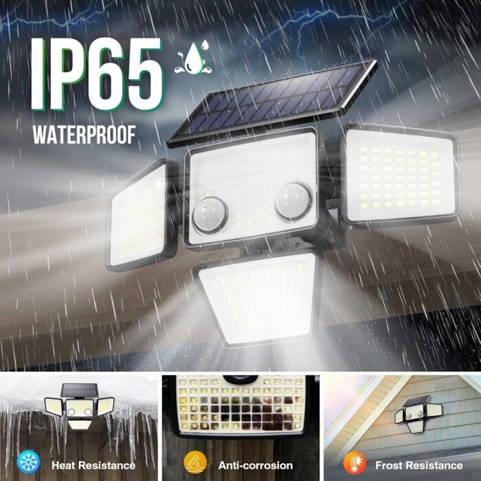 Solar Outdoor Lights - 3000LM 188 LED Motion Sensor Outdoor Lights, 4 Heads IP65 Waterproof Powered Security Flood Lights, 270°Wide Lighting Angle Wall Light with Sensors for Backyard Yard - Image 6