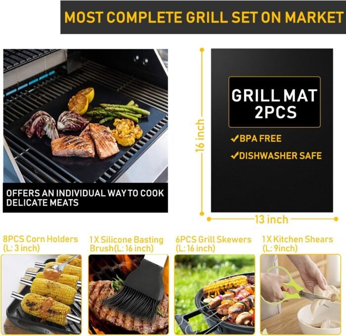 34Pcs Grill Accessories Grilling Gifts for Men, 16 Inches Heavy Duty BBQ Accessories, Stainless Steel Grill Tools with Thermometer, Grill Mats for Backyard, BBQ Set for Men Women - Image 4