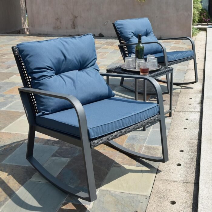 Patio Rocking Chair Outdoor Bistro Set (Dark Blue, 3PIECES) - Image 2