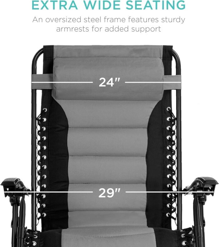 Best Choice Products Oversized Padded Zero Gravity Chair, Folding Outdoor Patio Recliner, XL Anti Gravity Lounger for Backyard w/Headrest, Cup Holder, Side Tray, Polyester Mesh - Black/Gray - Image 3