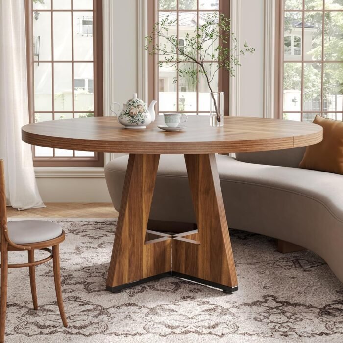 LITTLE TREE Round Dining Table for 4-6 People, 47 Inches Dining Room Table with Wooden Pedestal Base, Brown Dinner Table, Circle Kitchen Table for Dining Room, Kitchen, Living Room(Table Only) - Image 5