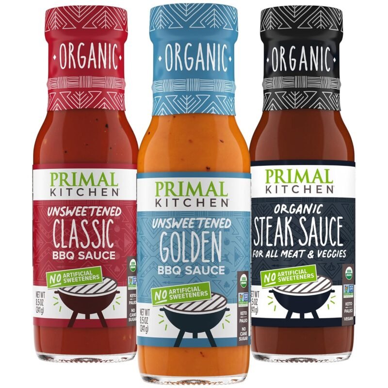 Primal Kitchen Organic BBQ Sauce & Steak Sauce 3-Pack, Made with Real Ingredients, No Cane Sugar or Corn Syrup, Includes Classic BBQ, Golden BBQ, and Steak Sauce