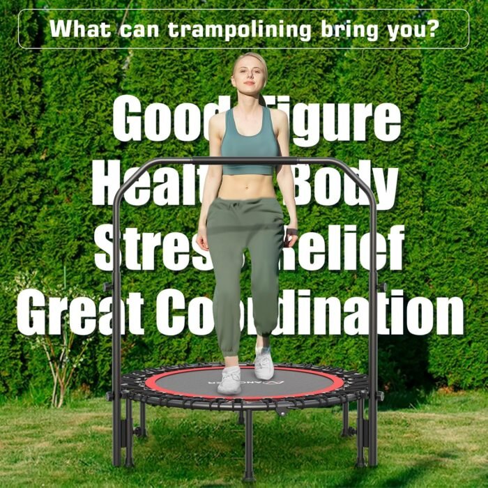 40"/48" Rebounder Trampoline for Adults Kids, ANCHEER Indoor Mini Exercise Trampoline with U Shape Adjustable Handlebar, High-Strength Bungee Cords, Stable & Sturdy Workout Equipment - Image 6