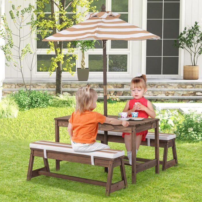 HONEY JOY Kids Picnic Table, Outdoor Wooden Table & Bench Set w/Removable Cushions and Umbrella, Stripe Fabric, Children Backyard Furniture for Patio Garden, Gift for Toddler Boys Girls Age 3+(Coffee) - Image 7