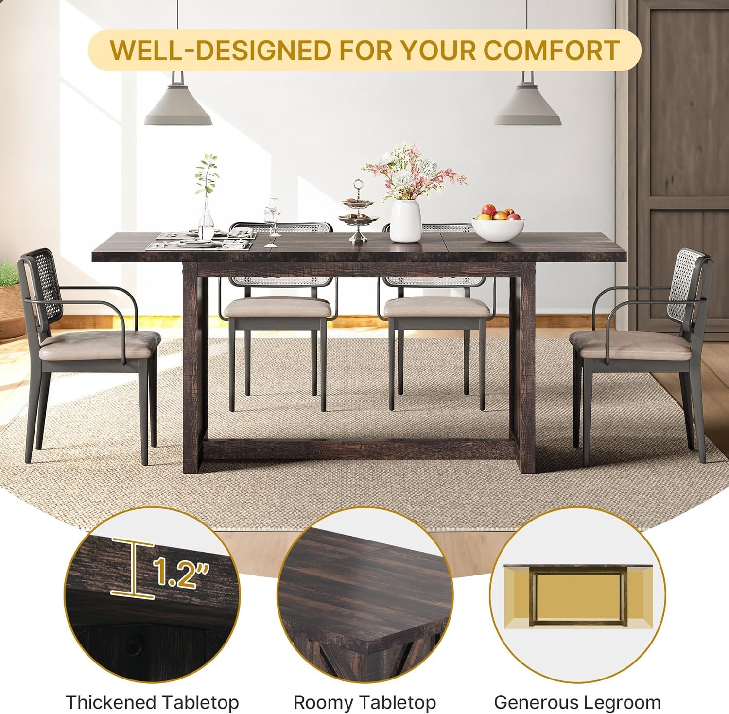 YITAHOME 70.8" Large Farmhouse Dining Table for 6 to 8 People, Rustic Style Wood Dinner Table, Rectangular Dining Table for Kitchen, Dining Room & Living Room - Image 3