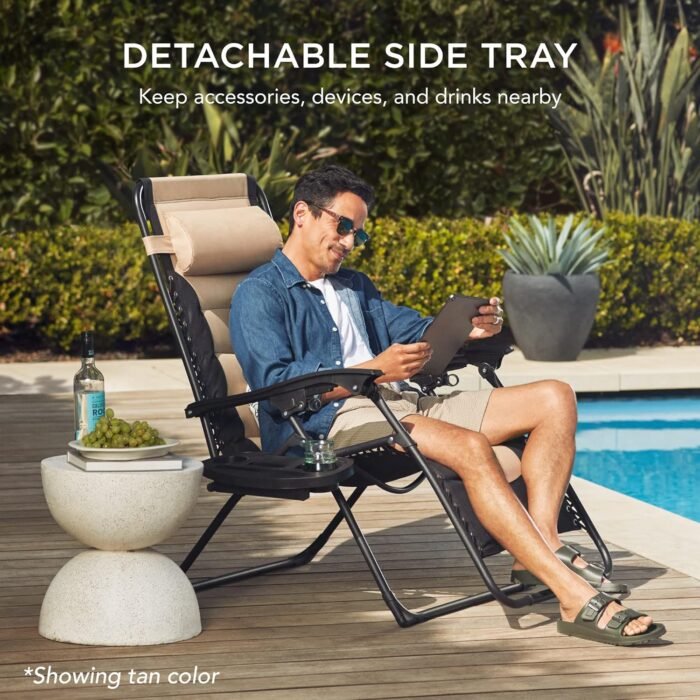 Best Choice Products Oversized Padded Zero Gravity Chair, Folding Outdoor Patio Recliner, XL Anti Gravity Lounger for Backyard w/Headrest, Cup Holder, Side Tray, Polyester Mesh - Black/Gray - Image 6
