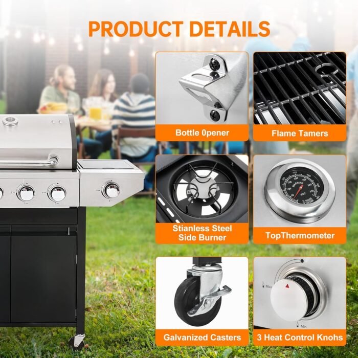 4 Burner Propane Gas Grill with Side Burner, Stainless Steel BBQ Grill 48,500 BTU for Outdoor Cooking Kitchen, Garden and Patio Backyard Barbecue, Black and Silver - Image 5