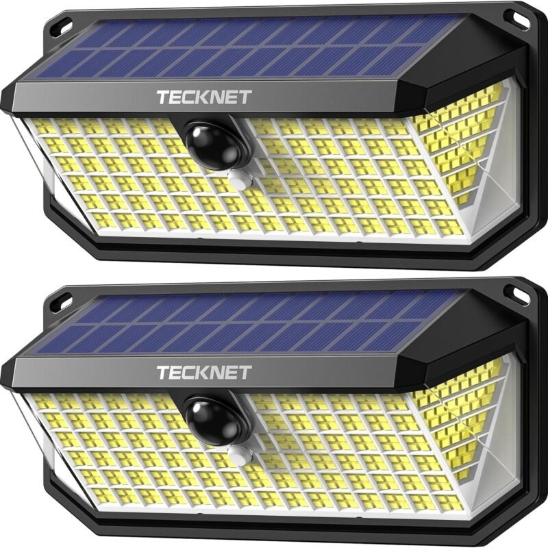 TECKNET 4200Lm 416 LED Solar Motion Lights Outdoor Waterproof, 300° Angle & 3 Lighting Modes Motion Sensor Light Outdoor, 2 Pack Security Solar Lights IP66 for Fence Front Door Yard Deck Garden Garage
