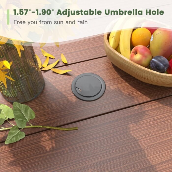 47.2" Patio Dining Table for 6, Round Outdoor Metal Dining Table with Umbrella Hole for Lawn Garden Backyard, Walnut - Image 4