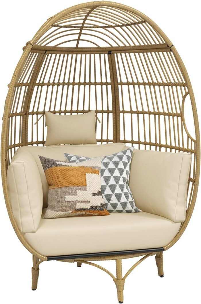 YITAHOME 360° Swivel Egg Chair Outdoor, 400lbs Capacity Oversized Patio Rotating Basket Chair, All-Weather Wicker Egg Lounger Chair for Outside Indoor (Beige) - Image 9
