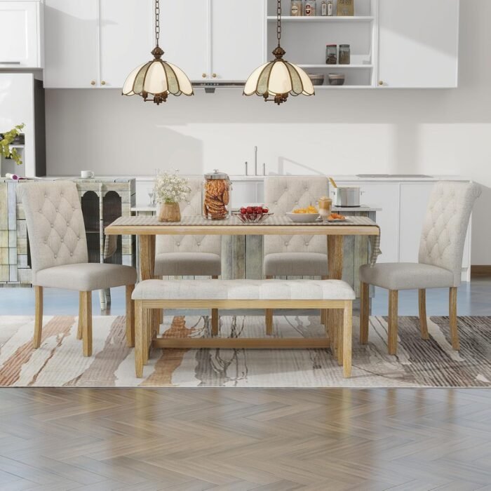 Merax 6 Pieces Wood Dining Table Set with Bench, Retro Rectangular Table with Unique Legs and 4 Upholstered Chairs & 1 Bench for Dining Room and Kitchen (Natural Wood Wash+Beige) - Image 3