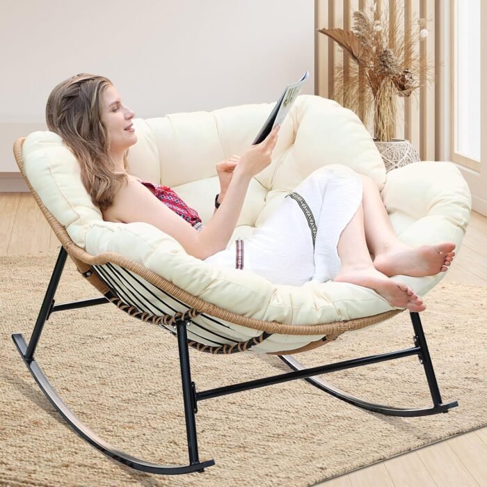 FINCATI Outdoor Indoor Papasan Rocking Chair,450 lbs Oversized Wicker Rattan Papasan Royal Recliner Chair with Cushion,Patio Lounge Egg Rocker Chair for Balcony Garden Living Room Beige - Image 3