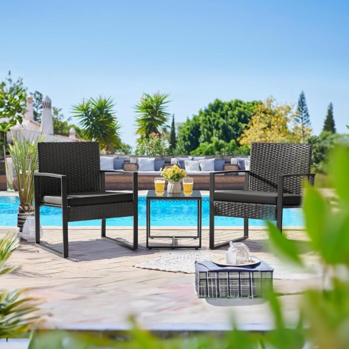 Flamaker 3 Pieces Patio Set Outdoor Wicker Furniture Sets Modern Rattan Chair Conversation Sets with Coffee Table for Yard and Bistro (Black) - Image 6