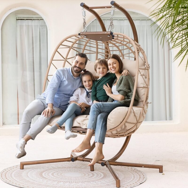 NICESOUL® Double Swing Egg Chair with Stand, Extra Large 2 Person Indoor Outdoor Wicker Patio Loveseat Basket Hanging Chair with Beige Cushions, 510 Lbs Capacity for Bedroom Balcony Oversized