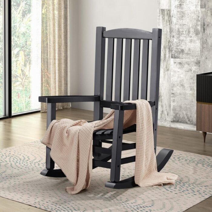 Wooden Rocking Chair Rocker Outdoor Oversized Porch Rocker Chair,Patio Wooden Rocker with High Back and Armrest,All Weather Rocker Slatted for Backyard,Garden,400 lbs Support,Black - Image 2