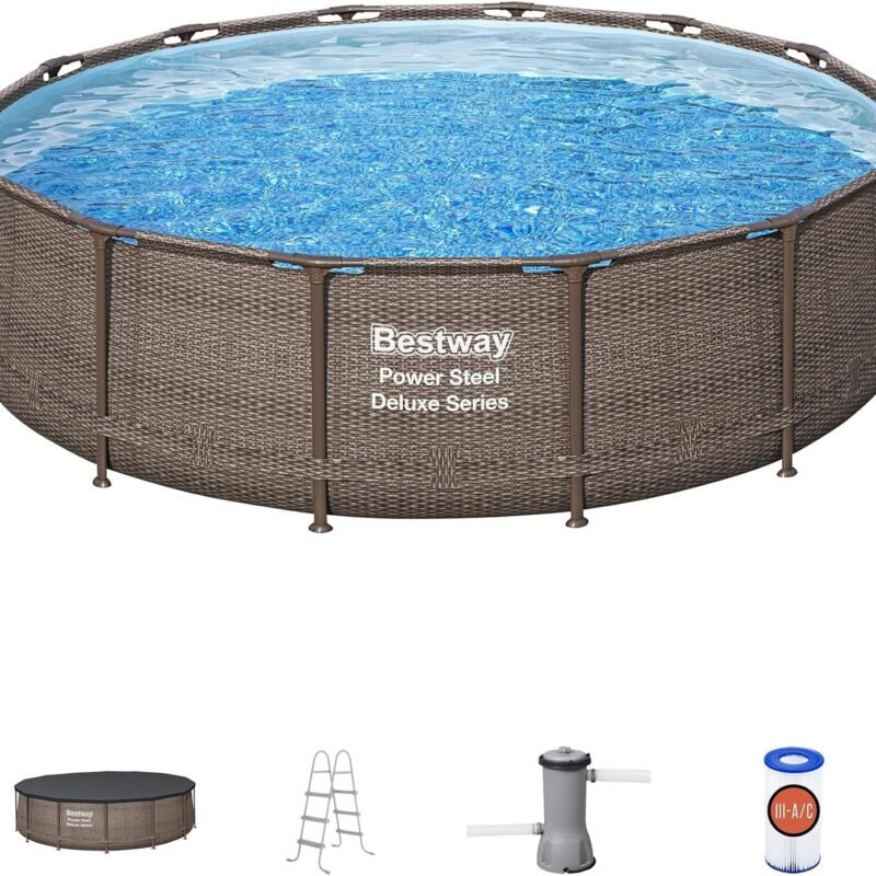 Bestway Power Steel 14’ x 42” Round Above Ground Outdoor Backyard Swimming Pool Set with 1,000 GPH Filter Pump, Ladder, and Pool Cover