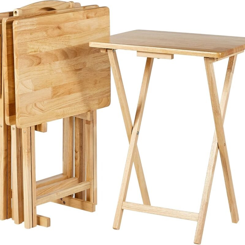Amazon Basics Classic Portable TV Dinner Rectangular Folding Tray Table with Storage Rack, Natural - Set of 4 Trays, 15"D x 19"W x 26"H