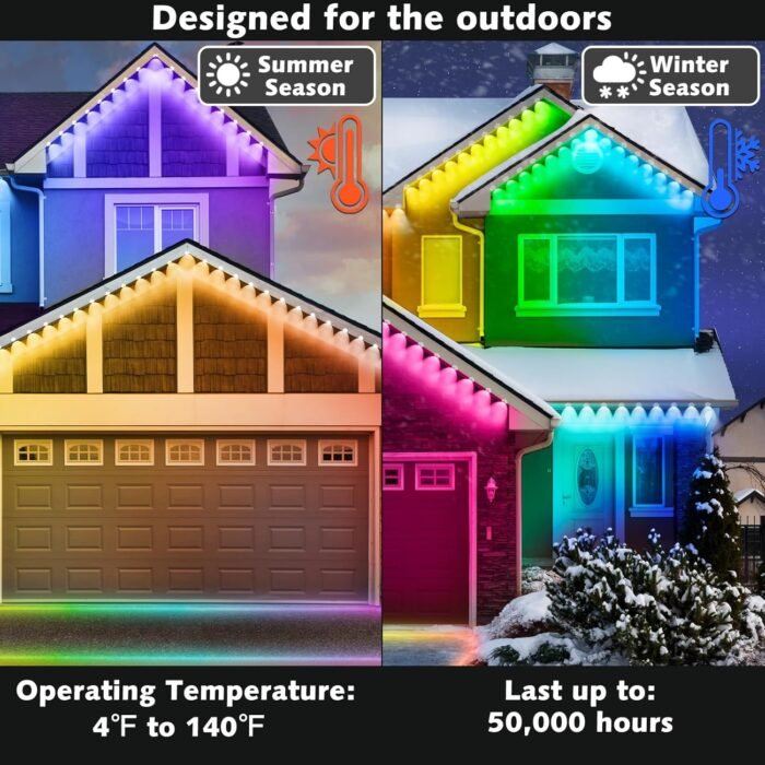 100FT Permanent Outdoor RGB Lights,Waterproof Smart LED Eaves Lights with App/Remote Control,for Christmas and All Holiday Decor,Daily and Accent Lighting,House Roof and Garden Lighting - Image 4