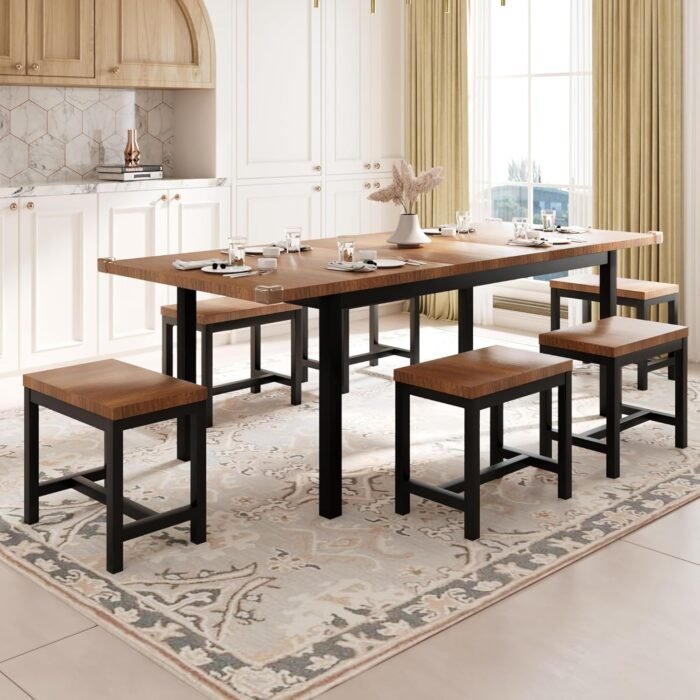 Feonase 7-Piece Dining Table Set with 6 Stools, 63" Large Extendable Kitchen Table Set for 4-8, Mid-Century Dining Room Table with Heavy-Duty Frame, Easy Assembly, Walnut