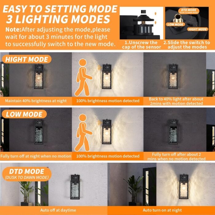 2 Pack Motion Sensor Outdoor Wall Lights,Updated Dusk to Dawn Outdoor Lighting, Exterior Light Fixtures Wall Mount,Waterproof Porch Light Outside Lights for House - Image 2