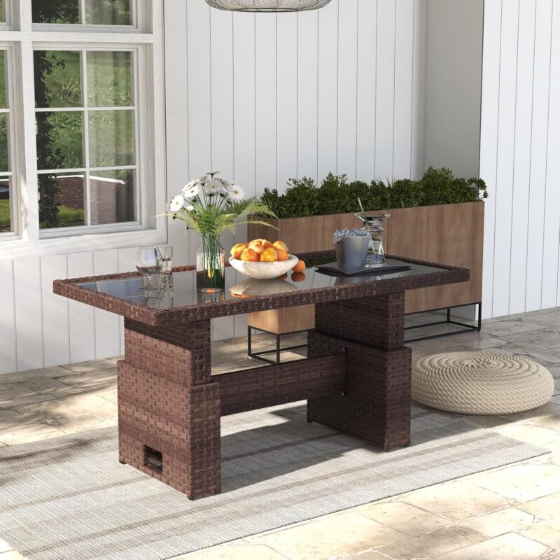SUNSITT Outdoor Patio Lift Dining Table, Rectangle Patio Coffee Table with Glass Tabletop, Wicker Furniture Multi-Function Dining Table for Backyard, Deck, Garden, Brown