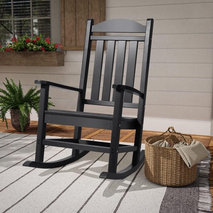 Devoko Resin Rocking Chair Plastic Outdoor Indoor Patio Rocker Chair High Back All Weather Rocker for Patio Backyard Porch Garden (Black) - Image 6