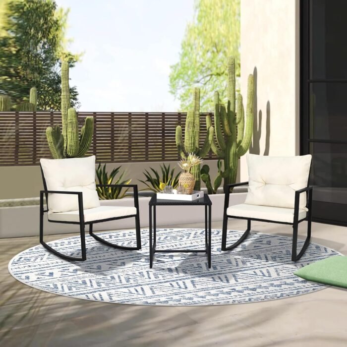 SUNCROWN 3 Piece Outdoor Rocking Bistro Set Black Wicker Furniture Porch Chairs Conversation Sets with Glass Coffee Table, Beige - Image 3