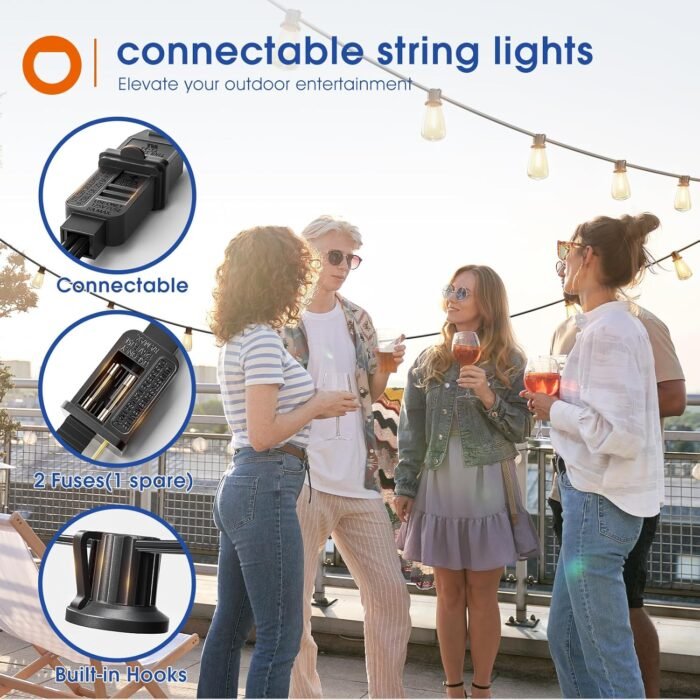 addlon 100FT(50FT*2) LED Outdoor String Lights Waterproof Patio Lights with 32 Shatterproof ST38 Replaceable Bulbs(2 Spare), Dimmable Outside Hanging Lights Connectable for Porch, Backyard, 2200K - Image 7