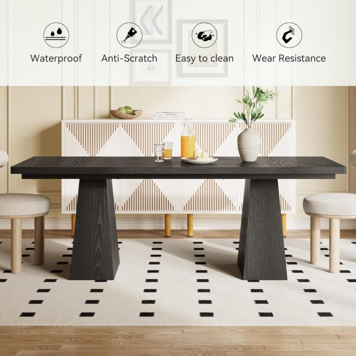 LITTLE TREE Dining Table for 6 People, Wooden Dining Table, Rectangle Table with Heavy Duty Legs, Modern Dining Table for Kitchen, Dining Room, Black - Image 7