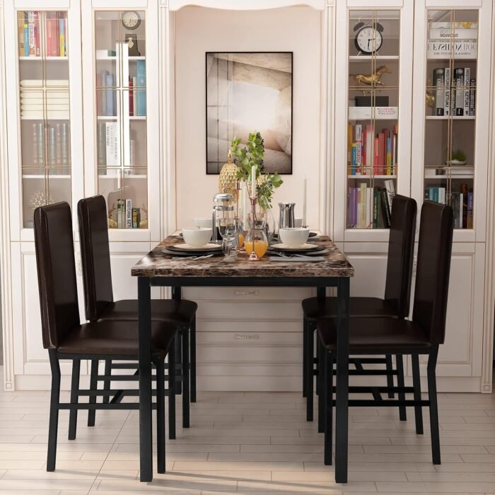 AWQM 5 Piece Dining Table Set for 4,Faux Marble Kitchen Table and Chairs for 4, Modern Dining Room Table Set with 4 Chairs,Dinner Table Set for Small Spaces, Brown - Image 4