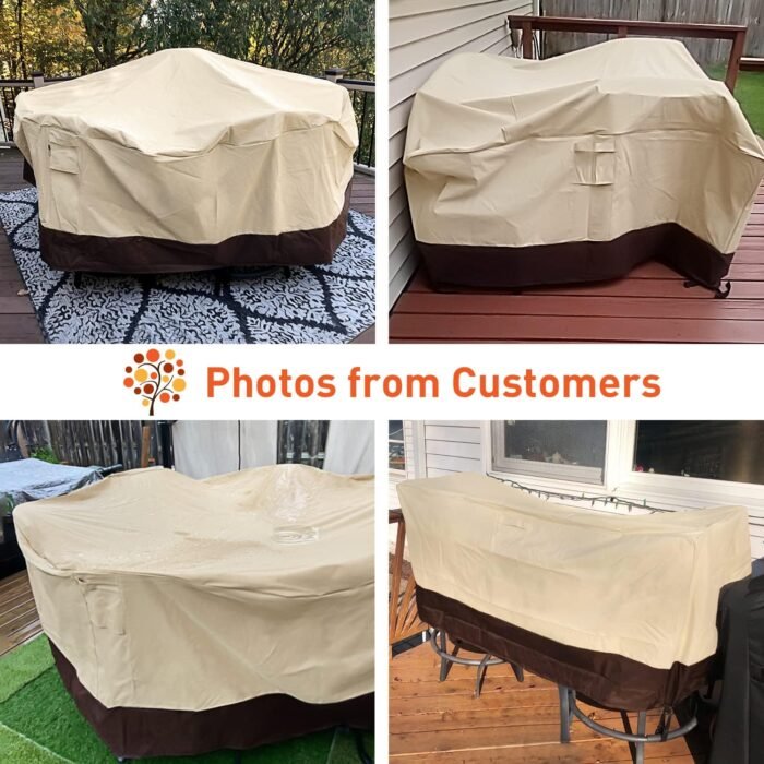 Waterproof Patio Furniture Set Cover, Rectangular Dining Table and Chairs Cover, Heavy Duty Outdoor Furniture Cover for Sectional Conversation Set, 88'' x 62'' x 28''H, Beige & Brown - Image 2