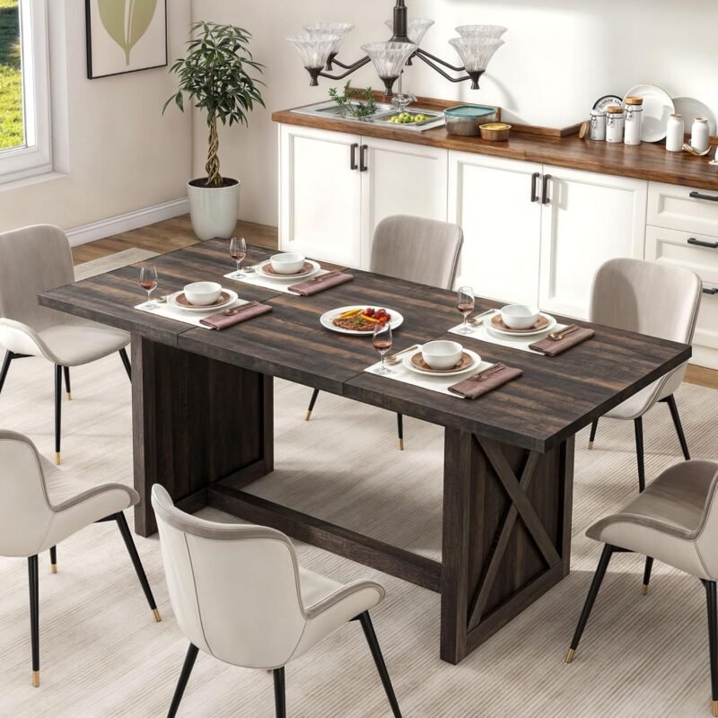 DWVO Farmhouse Large Dining Table for 6-8 People, 70.8 Inch Rectangular Wood Dining Table, Rustic Kitchen Dinner Table with X Solid Legs for Dining Room Oak Grey