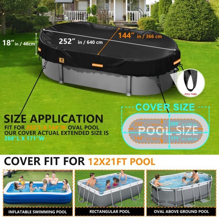 12x21 ft Rectangle Pool Covers for Above Ground Pools,Oval Winter Pool Covers,Durable Tearproof Waterproof 420D Polyester,Solar Swimming Pool Cover,Weatherproof Cold and UV-Resistant, Ground Nail Set - Image 2
