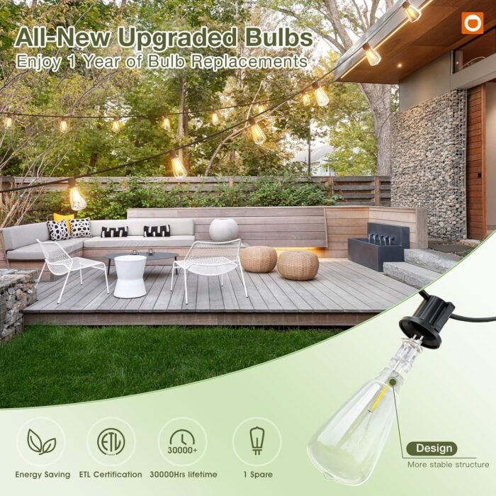addlon 54(48+6) FT Solar String Lights Waterproof,Patio Lights Solar Powered with Remote & USB Port 15+1 LED Shatterproof Bulbs 3 Light Modes, Dimmable Solar Lights for Camping Backyard Garden - Image 8