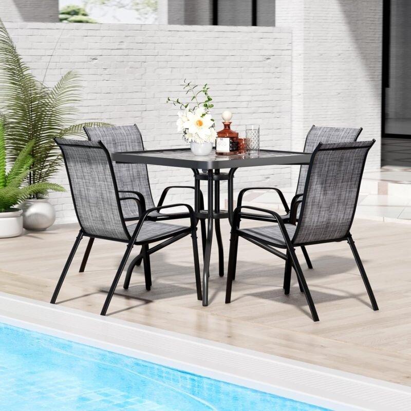 TLSUNNY Patio Dining Set 5 Pieces, All Weather Outdoor Furniture W/30"X 30" Table and 4 Stackable Textilene Chairs, Metal Table and Chairs for Lawn, Garden, Poolside, Backyard (Umbrella not Included)