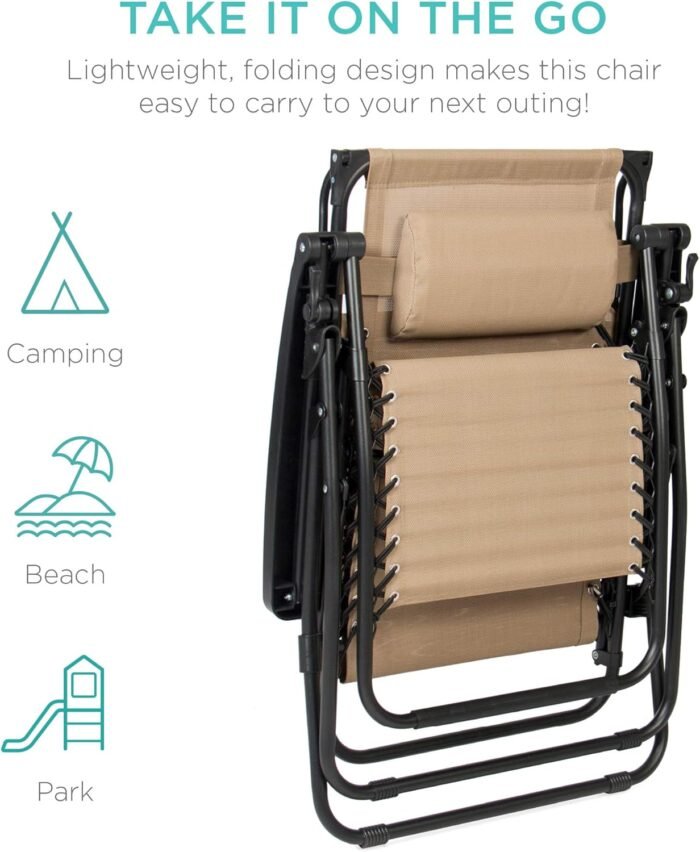 Best Choice Products Folding Zero Gravity Outdoor Recliner Patio Lounge Chair w/Adjustable Canopy Shade, Headrest, Side Accessory Tray, Textilene Mesh - Beige - Image 7