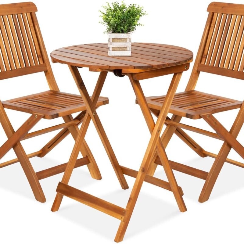 Best Choice Products 3-Piece Acacia Wood Bistro Set, Folding Patio Furniture for Backyard, Balcony, Deck w/ 2 Chairs, Round Coffee Table, Teak Finish - Natural