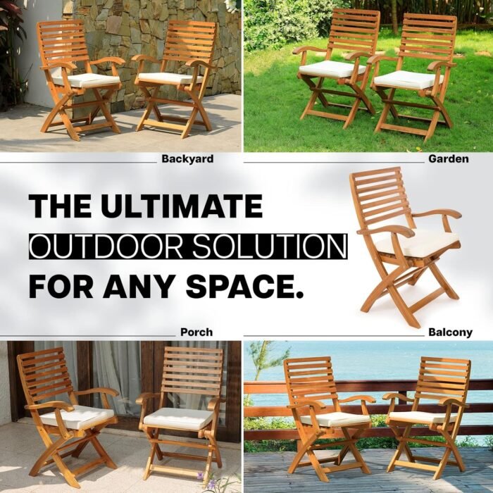 IDZO, Percy Chairs Heavy Duty 400lbs Capacity Set of 2 w/Cushion, FSC Acacia Outdoor Furniture, Teak Finish, Fully Assembled, Wood Folding_Beige - Image 5